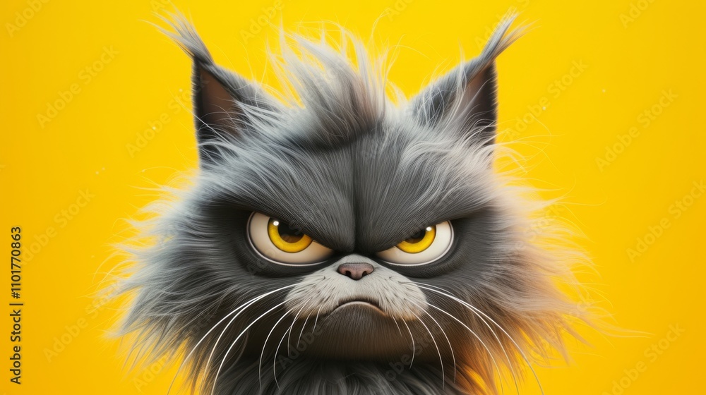Poster a grumpy grey cat with sharp, spiky fur and intense yellow eyes glares menacingly. its angry express