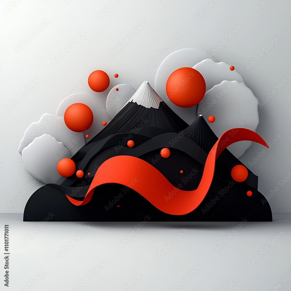 Poster enigmatic black expanse with kinetic red spheres and ribbons generating a mesmerizing abstract mount