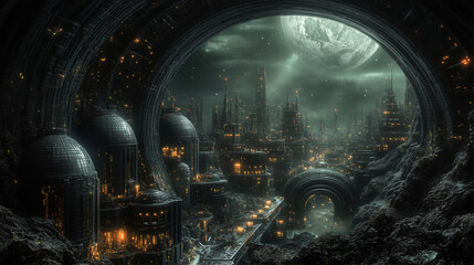 Obraz premium Futuristic city illuminated by moonlight with towering structures and a mysterious atmosphere at night. Generative AI