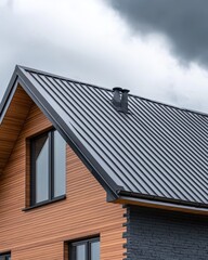 Fototapeta premium A modern house with a sleek metal roof and a mix of wooden and stone exterior, under a dramatic sky.