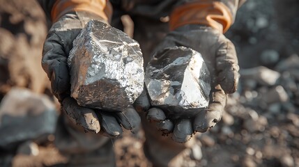 Fototapeta premium A person holding two large metallic rocks, showcasing mining or geological exploration.