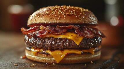 Juicy double cheeseburger topped with crispy bacon and melted cheese, served on a sesame seed bun.