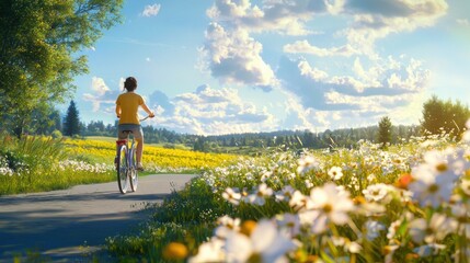 Fototapeta premium Cheerful woman riding bicycle through flower-filled landscape outdoor photography nature bright joyful concept