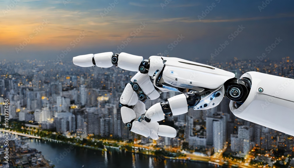 Poster futuristic white cyborg robotic hand pointing its finger in a dynamic pose â€“ d rendering of an adv