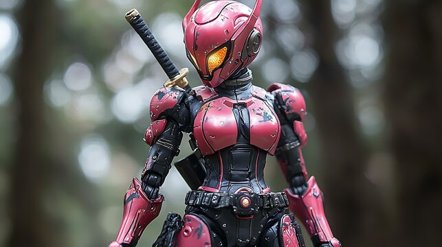 Anime-inspired robot resin figure, featuring sleek armor, vibrant decals, and a futuristic glowing katana