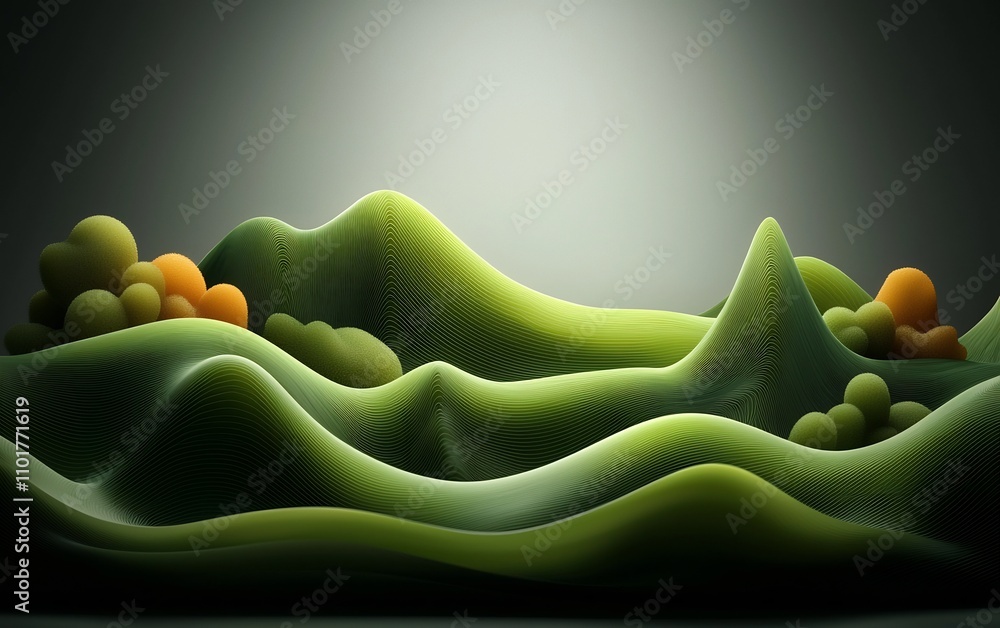 Aufkleber undulating green wire frame mountains on a dark moody backdrop in a 3d render the generative 3d land