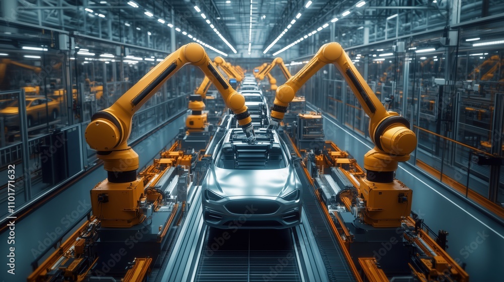 Poster advanced automotive manufacturing robotics assembly line with high-tech robotic arms and futuristic 
