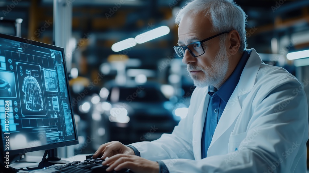 Fototapete Scientist in Laboratory Coat Analyzing Data on Computer Screen in Automotive Research Facility with High-Tech Digital Interface and Vehicles in Background