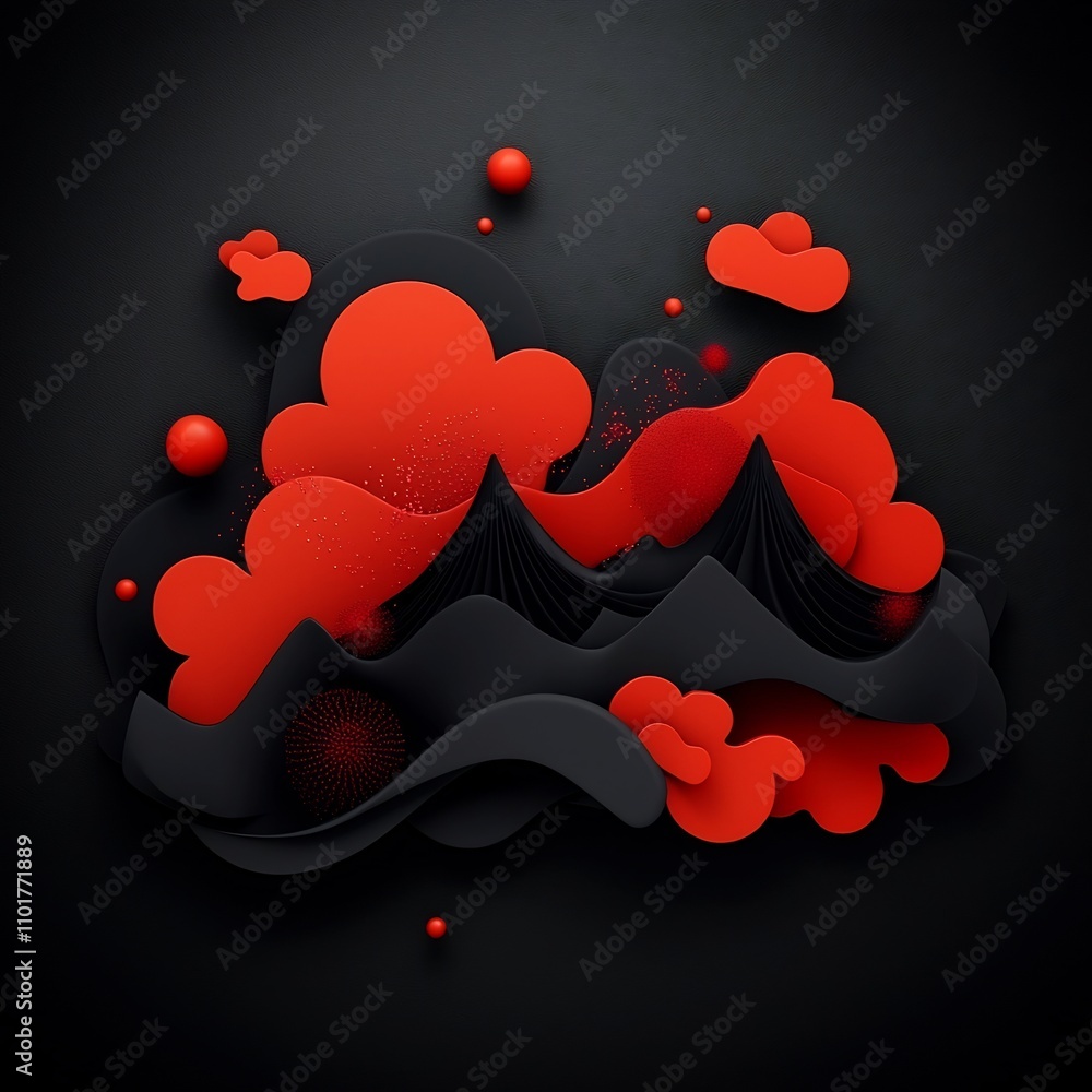 Poster dramatic 3d abstract landscape with swirling ominous red shapes and particles creating a dynamic atm