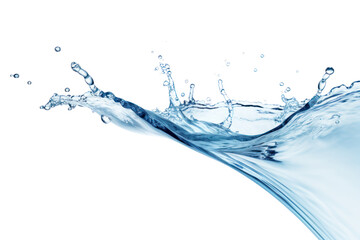 A single drop of water falling into a clear pool, causing a splash with droplets dispersing outward, isolated on white background