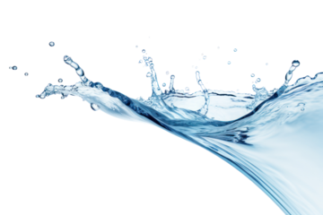 A single drop of water falling into a clear pool, causing a splash with droplets dispersing outward, isolated on white background