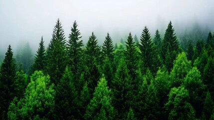 Fototapeta premium Towering Evergreen Forest Shrouded in Misty Atmosphere
