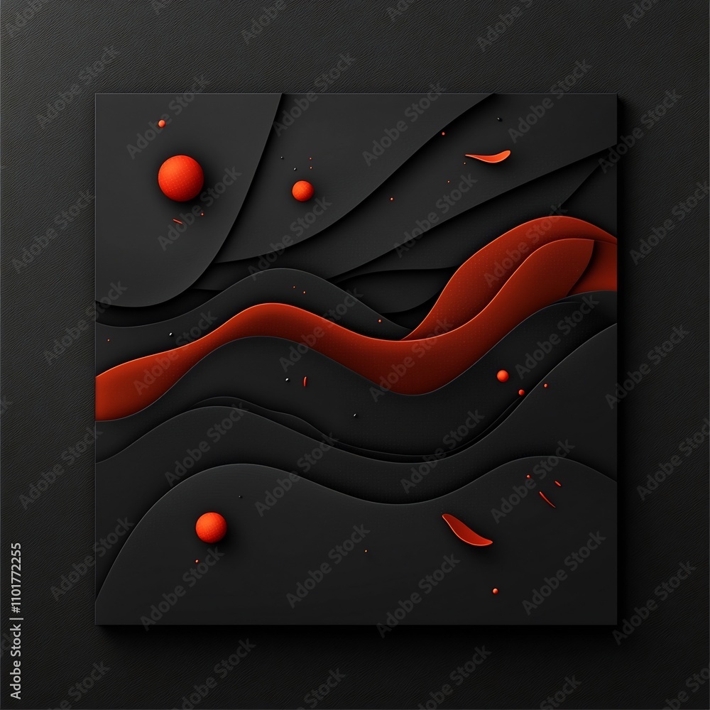 Poster Dramatic 3D abstract landscape featuring a dark canvas with swirling red shapes particles and a sense of depth creating an ominous and mysterious mountainous scene