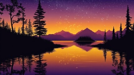 Serene Sunset Over Mountains And Lake With Starry Sky