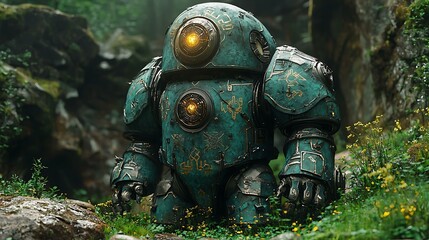 Fantasy-themed robot resin figure, adorned with mythical runes and glowing mystical core