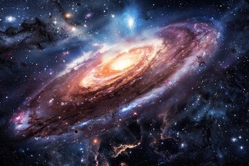 Glowing spiral galaxy with bright center and dark dust lanes in deep space.