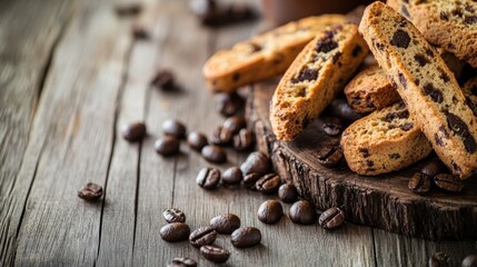 Fototapeta premium Italian biscotti and coffee beans on a rustic wooden surface.