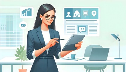 Flat Businesswoman Glossy Tablet Bright Office Setting Ample Copy Space for Advertisements Messaging