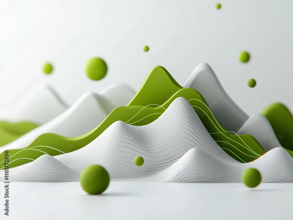 Poster dreamlike mountainous terrain with oscillating lines and glowing green spheres in a vibrant 3d visua
