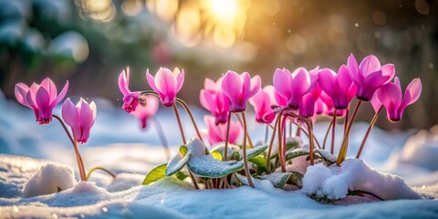 Snow-Covered Cyclamen Coum in a UK Garden: Captivating Low Light Photography of Winter Flowering Plants Amidst a Serene, Frosty Landscape