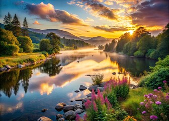 Stunning Sunrise Over River Tummel with High Depth of Field, Scenic Nature Landscape, Tranquil Waters, Morning Light, Scottish Highlands, Serene Environment, Reflection, Natural Beauty