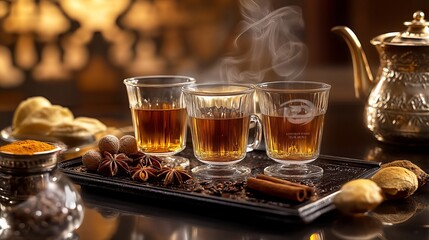 Indulge in the robust flavors of Indian Kadak Chai, a freshly brewed milk masala tea. Experience the aromatic essence of herbal tea served in elegant glass cups, locally known as mini cutting chai