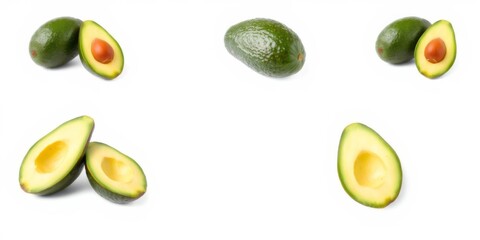Green avocado set with various angles and views, including side, top, front, sliced, halved, and in a bunch, isolated on a white background for graphic design mockups, mockup, set, white background