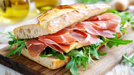 Italian ciabatta sandwich filled with prosciutto, cheese, and arugula.