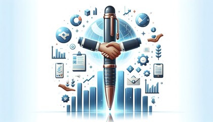Close Up of Pen with Holographic Growth Charts and Handshake Icons on White Background - Business Concept