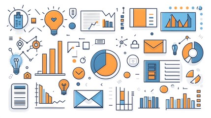 Minimalist business infographic icons featuring flat design vector elements with pie charts, bar graphs, and analytics symbols in orange and blue, using clean geometric shapes and line art style.