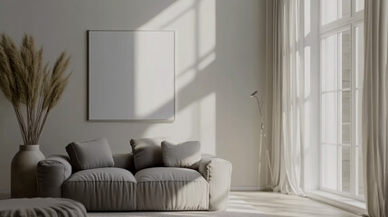 Fototapeta premium Photo of a modern living room interior with a blank poster mockup on the wall, a gray sofa, and a black floor lamp near a window with curtains
