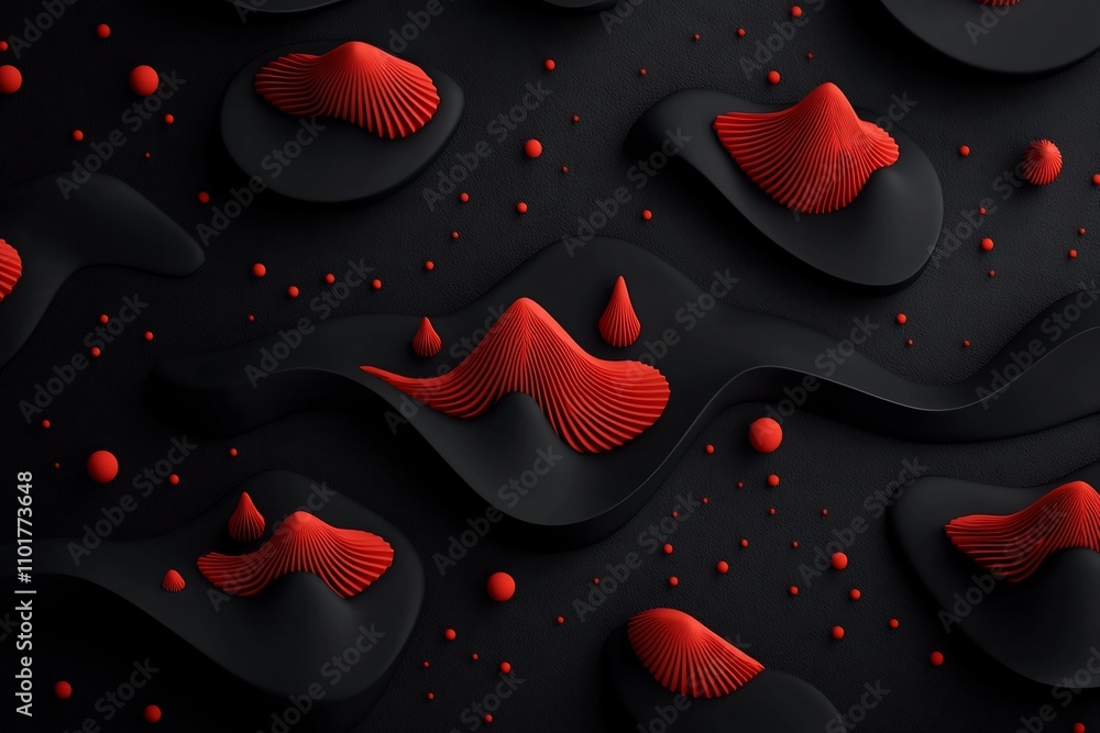 Poster mesmerizing red wave like abstract 3d digital art with mountainous shapes on black background visual