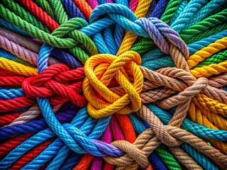 Strong Diverse Network of Teamwork: Aerial View of Colorful Ropes Symbolizing Unity and Partnership in Cooperation and Support for Empowering Connections