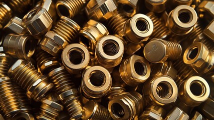 Close-Up View of Gold-Colored Metal Fasteners and Nuts Piled Together with Various Shapes and Sizes for Industrial and Commercial Use