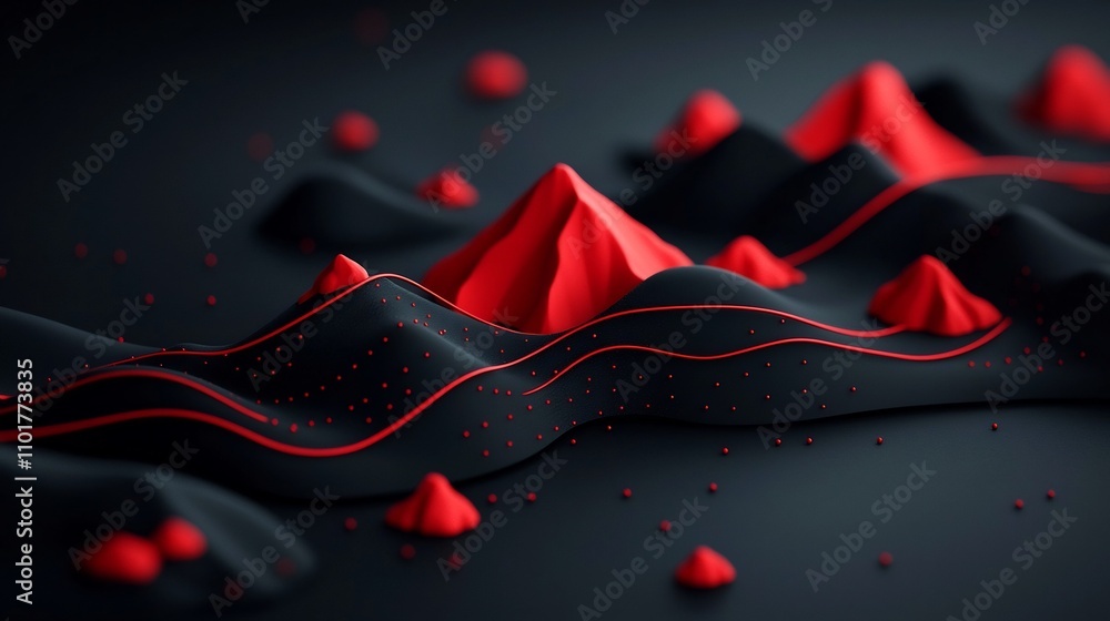 Poster captivating surreal landscape with a dynamic wave pattern created by abstract red dots and lines on 