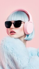 Close-up portrait of a gorgeous woman with a white and blue bob hairstyle, wearing black sunglasses and pink headphones on her head. She is dressed in an oversized plush outfit