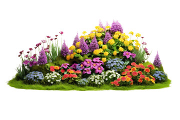 A picturesque view of a green lawn with a burst of blooming flowers in various colors, emphasizing the garden's beauty, isolated on white background
