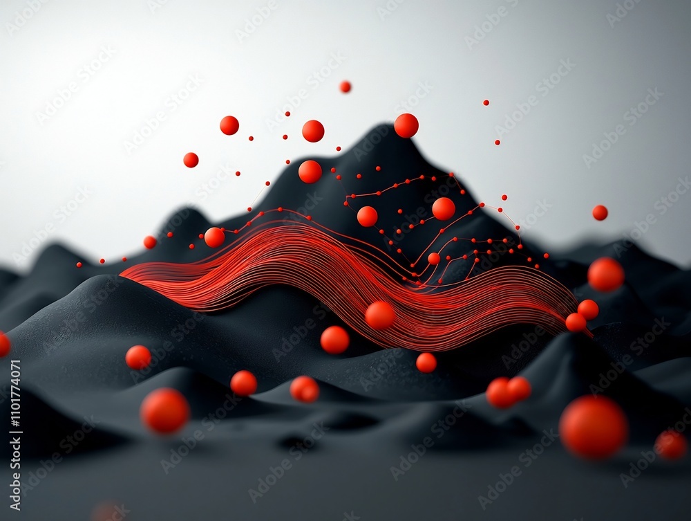 Poster Mesmerizing Undulating Waves of Red Dots and Lines Across a Mountainous 3D Terrain with a Clean White Backdrop a Captivating Digital