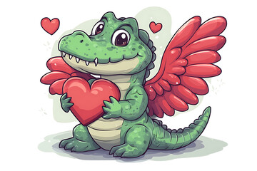 Fototapeta premium A cute dragon with wings holding a heart, symbolizing love and affection.