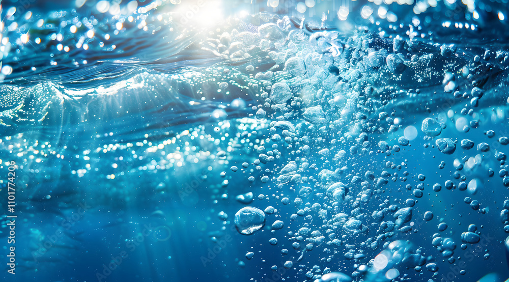 Aufkleber underwater scene with bubbles and sunlight creating a serene aquatic atmosphere.