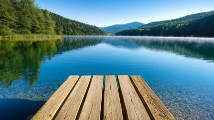 Fototapeta premium Tranquil Morning Mist Over Serene Mountain Lake in Pristine Wilderness