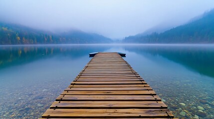 Fototapeta premium Misty Lakeside Tranquility - Serene Mountain Landscape Surrounded by Ethereal Mist