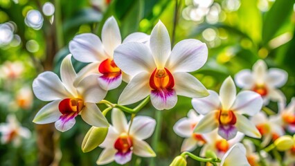 Stunning Dendrobium Sophia Ang Orchid with White Petals and Dark Orange Lip in Natural Setting, Showcasing the Beauty of This Unique Hybrid Flower in Full Bloom