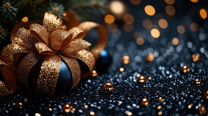 Holiday Merry Christmas, Happy New Year. Dark, gold, black background, flat top view, luxury ribbons