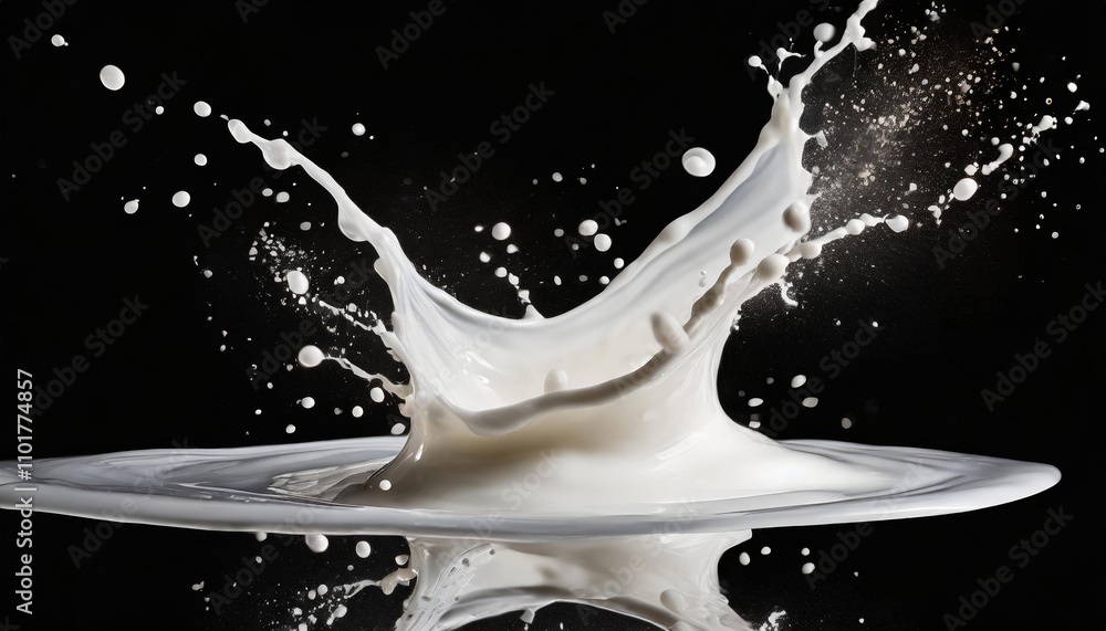 Poster high-resolution image of a dynamic white milk wave splash with realistic splatters and drops, isolat