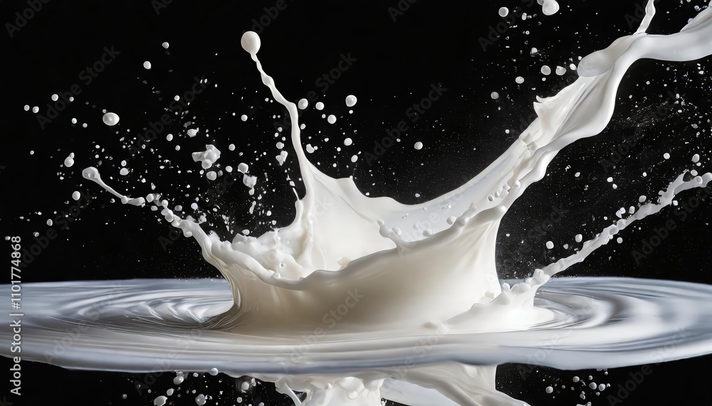 Poster dynamic white milk wave splash with realistic splatters and drops captured mid-motion, creating an e