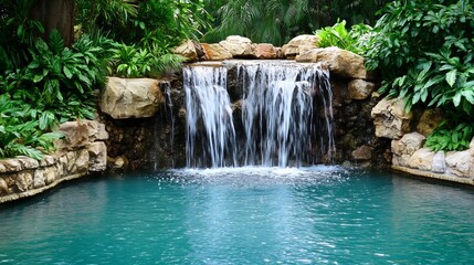 Naklejka premium Serene Tropical Waterfall Cascading into Tranquil Pool Surrounded by Lush Greenery