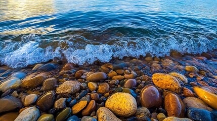 Tranquil Waves Lapping Against Pebbled Shore Under Soft Golden Sunset Light
