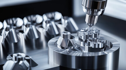 A robotic arm assembling precision-engineered components on a sleek metallic surface, with sharp lighting highlighting its mechanisms