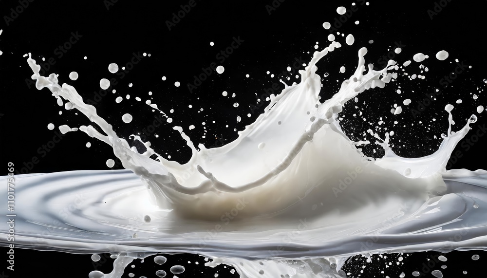 Poster dynamic white milk wave splash with splatters and drops, isolated on a transparent background, showc